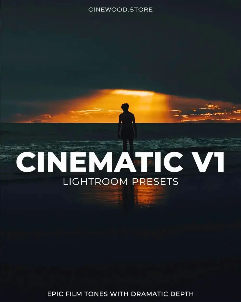 Cinewood Cinematic V1 preset poster with rich cinematic tones and dramatic highlights for filmmakers and content creators.