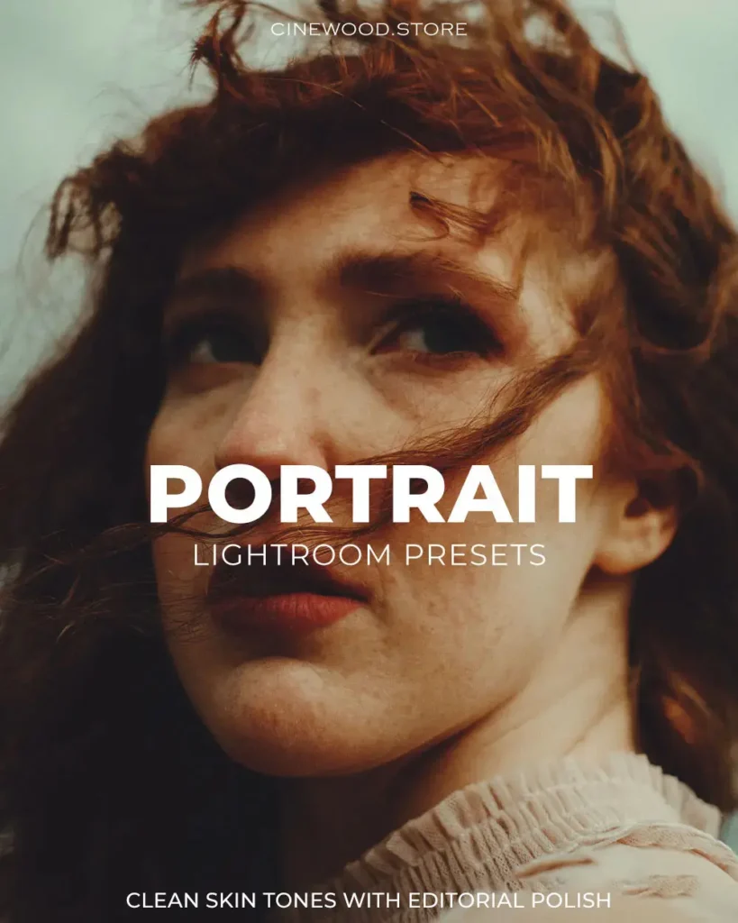 Cinewood Portrait preset poster with soft, flattering tones for natural, cinematic portraits.