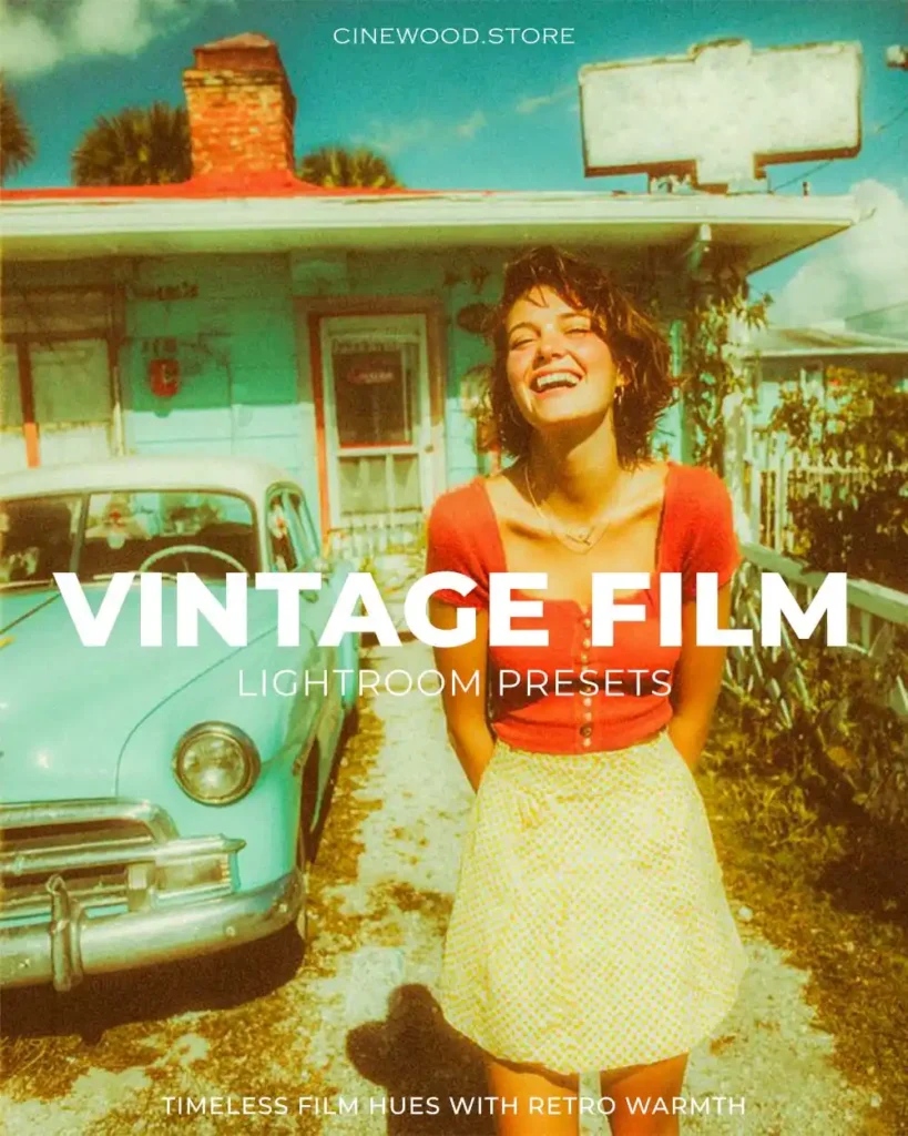 Cinewood Vintage preset poster with nostalgic, warm cinematic tones for timeless photography.