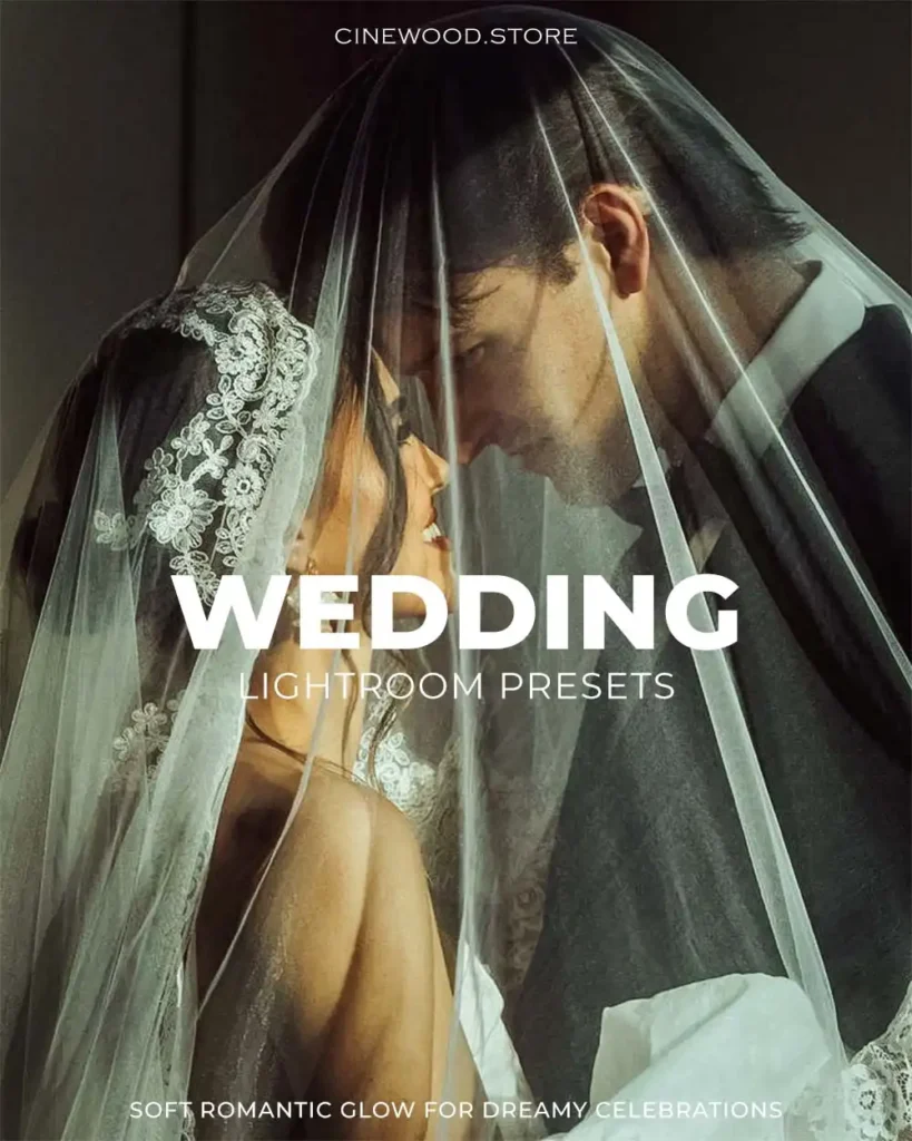 Cinewood Wedding preset poster with soft, romantic cinematic tones for couples and wedding photography.